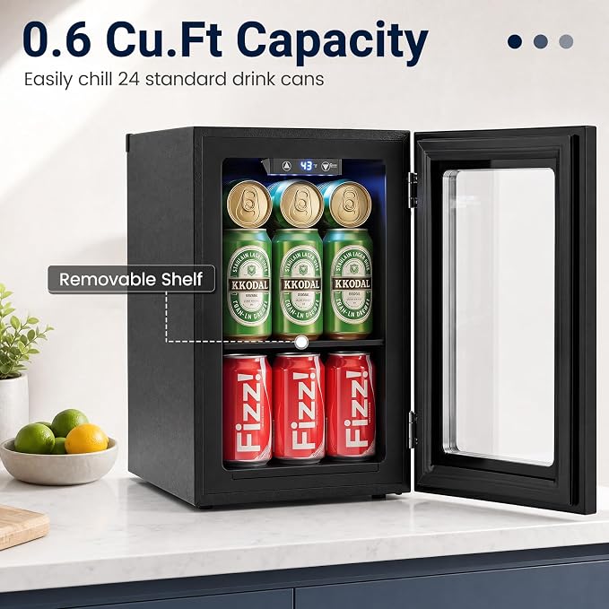 COSTWAY 24 Cans Beverage Refrigerator, 18L/0.6 Cu.Ft Countertop Mini Fridge | Quiet Drink Cooler with Touch Panel, 40-61℉ Thermostat, Tri-Layer Insulated Door and Blue LED Lights for Home Office & Bar
