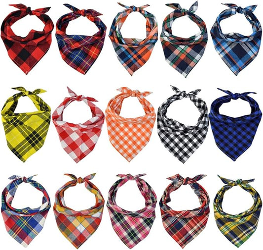 15pcs Dog Bandanas, Dog Scarf Kerchief Bibs Washable Girl Boy Dogs Bandanas Set Cotton Checkered Pet Bandana Outdoor Fall Accessories for Small Dogs Cat Pet