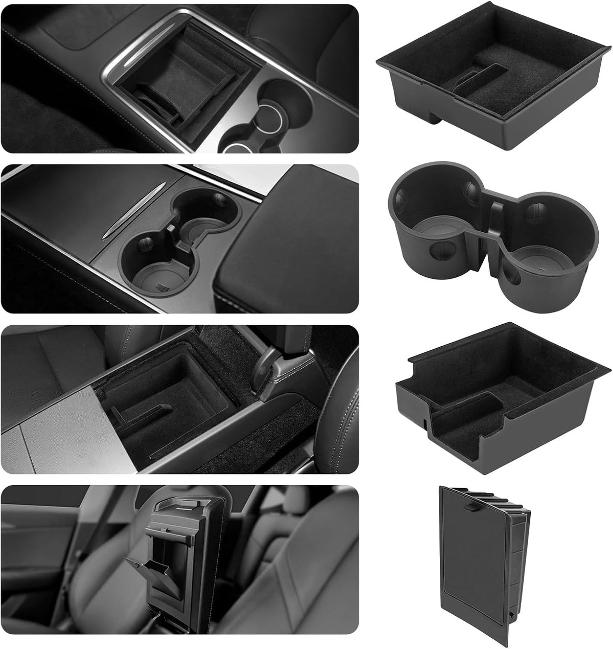 4Pcs Center Console Organizer Tray for Tesla Model 3 2021-2023 and Model Y 2021-2024 Interior Accessories, Armrest Hidden Storage Box for Model 3 21 22 23, Cup Holder Insert for Model Y 21 22 23 24