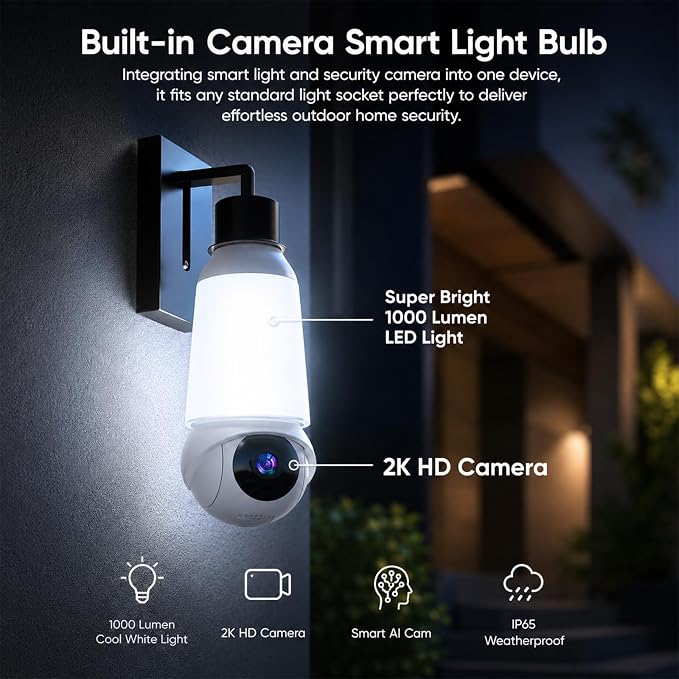 Light Bulb Security Camera, Smart AI Cam 2K HD Outdoor Lightbulb Camera