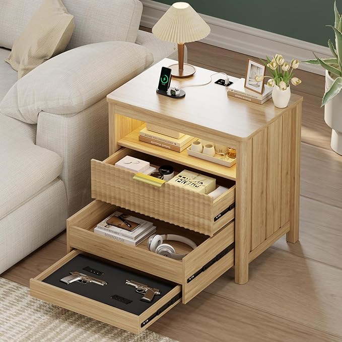 HNEBC Nightstand with Gun Drawer for Bedroom, Wood Night Stand with Hidden Compartment, Auto LED Lighted, Charger Station, 2 Drawer, 23.6" Wider Bedside Table for Dorm,Sofa,Office