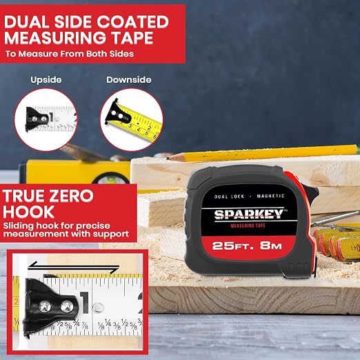 Sparkey 25ft/8M Retractable Magnetic Measure Tape — Metric Measuring Tool