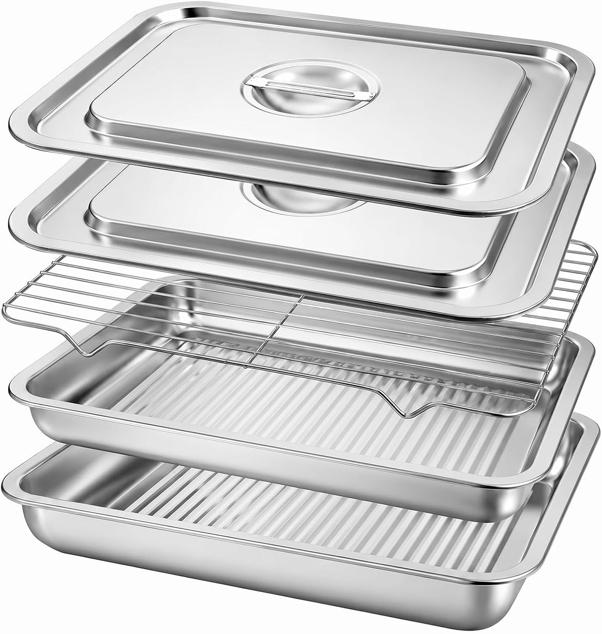 Grilling Prep and Serve Tray Set with Lids, Set of 5 Food Prep System, Includes Stackable Stainless Steel BBQ Trays, Deep Marinating Container and Raised Racks for Marinating, Carrying & Serving