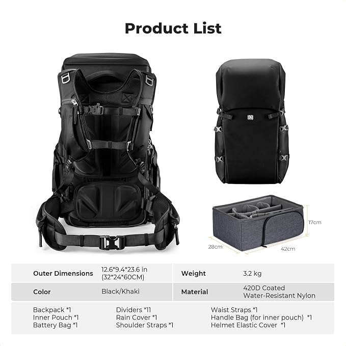 K&F CONCEPT Camera Backpack, 40L Large Capacity Camera Bag, Waterproof DSLR