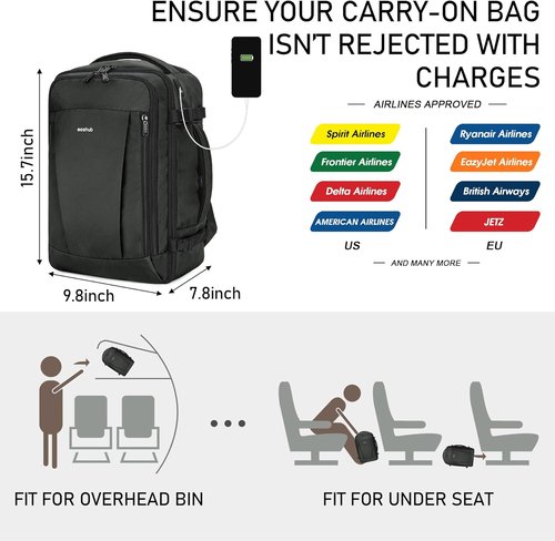 ECOHUB Travel Backpack - Airline Approved Personal Item Bag | Waterproof Gym Daypack with Charging Port - Gray, 18x14x8 Inches