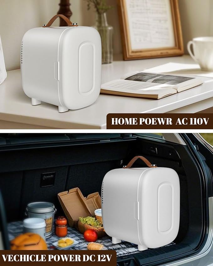FANSEXPERT Mini Fridge for Bedroom, 4 Liter/6 Cans Skin Care Fridge Small Refrigerator, AC/DC Portable Mini Cooler & Warmer, Small Cosmetic Fridge for Camping, Dorm, Office, Car (White)