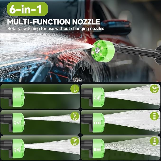 Portable Cordless Pressure Washer, 2 Battery Powered Power Washer with 6-in-1 Nozzle, 10 Adjustable Levels Portable Pressure Washer, 33FT Hose Handheld Car Washer for Patio, Floor, Garden