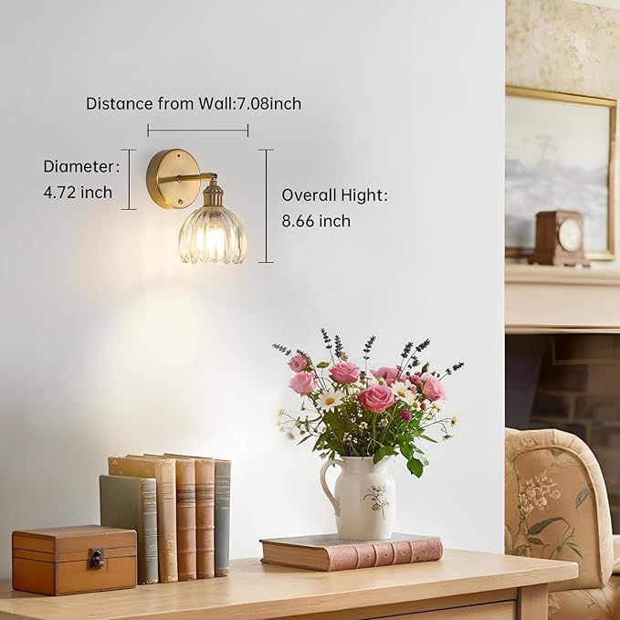 Battery Operated Vintage Wall Sconces with Transparent Tulip Glass Lampshade Battery Powered Wall Lighting for Bedside Bedroom Doorway, Set of 2