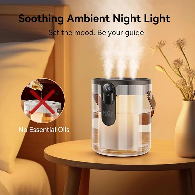 Rechargeable Portable Top Fill Humidifier, Smart Humidifiers for Bedroom, Night Light, 1.4L Cool Mist Humidifier for Office Home Plant Baby, 3-Speed Mist Control, Quiet, Auto Shut-Off (Grey)