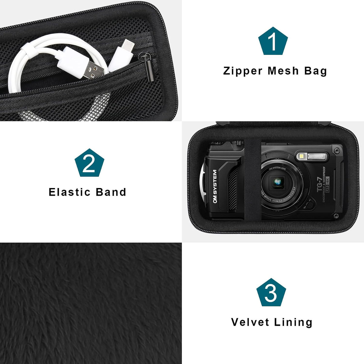 Canboc Carrying Case for OM SYSTEM Tough TG-7/ OM SYSTEM OLYMPUS TG-6 Underwater camera, Waterproof Camera Bag, Zipper Mesh Pocket fits USB Cable, Batteries, Black(Case Only)