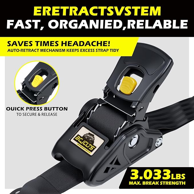 Retractable Ratchet Straps 2" x 10ft, 3,000lb Break Strength, Heavy Duty Easy Release Tie Down for Trucks, Trailers, Motorcycles, ATVs, Secure Cargo Straps