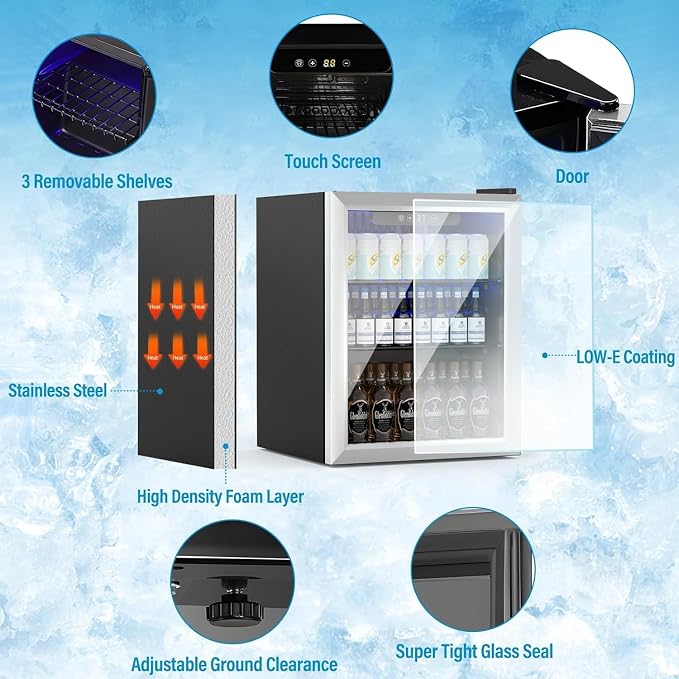 Compact Beverage Refrigerator, 1.7Cu.Ft/70 Can Mini Fridge with Glass Door and Digital Display, Small Drink Fridge with Adjustable Shelves for Soda, Beer, or Wine, Compact Fridge for Bedroom