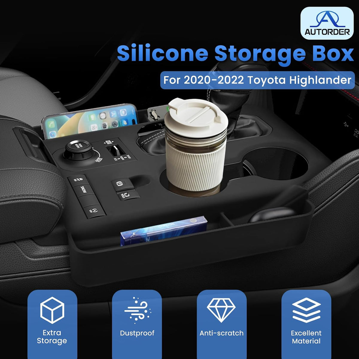 Autorder Silicone Center Console Organizer for 2020-2022 Toyota Highlander Accessories Seat Gap Storage Box Soft Gear Shift Panel Trim Cover