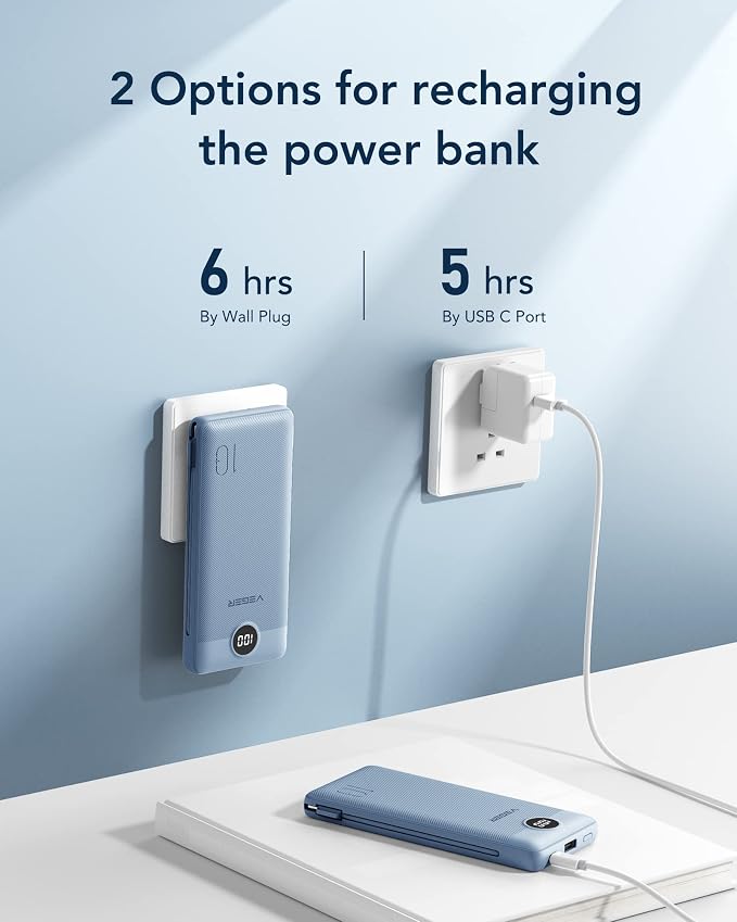 VEGER Portable Charger with Built-in AC Plug and Cables, All in One 10000mAh Ultra Slim Power Bank Travel Essentials, Fast Charging Battery Pack Compatible with iPhone, Samsung, Android (Blue)