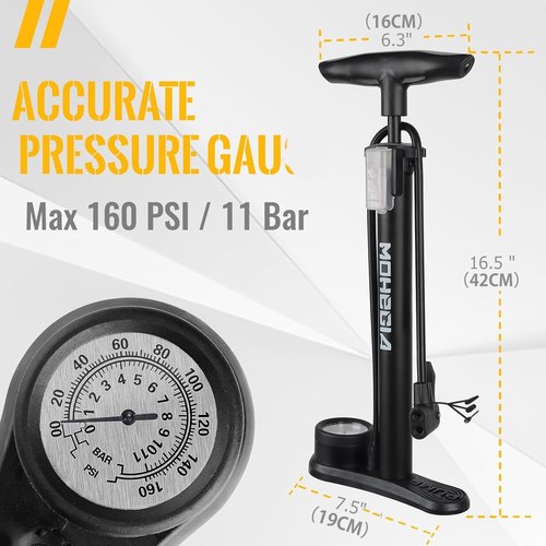 MOHEGIA Bike Floor Pump - High Pressure 160 PSI with Gauge | Fits Schrader & Presta Valves, Includes Ball Pump Needles