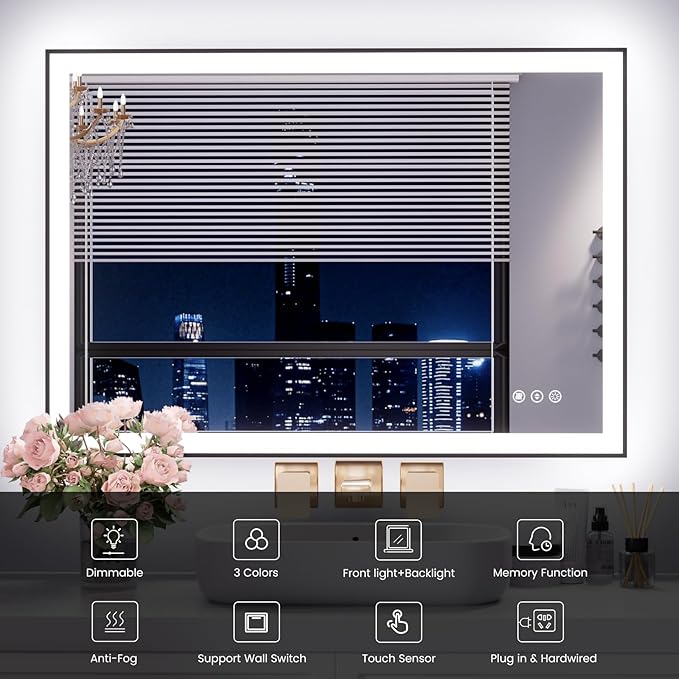 WTTY 40"X32" LED Bathroom Mirror with Black Frame, Bathroom Vanity Mirror with Lights for Wall, Front Light and Backlit, Anti-Fog, Dimmable, 3 Colors, Shatterproof, Memory, Horizontal/Vertical