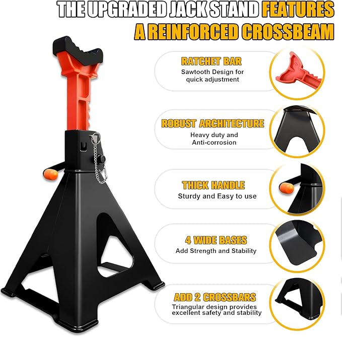 Upgraded 3 Ton Jack Stands (6,600 LBs) with 2 Crossbars & Double Locking - Heavy Duty Car Jack Stand for Trucks, SUV, Car, UTV/ATV Garage Lifting Tool, 11.61" to 16.34" Height, 1 Pair