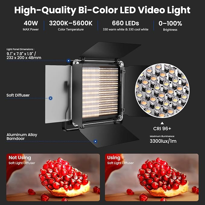 NEEWER 2 Pack Bi Color 660 LED Video Light and Stand Kit: 3200-5600K CRI 96+