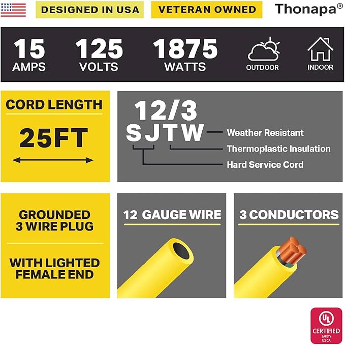 Thonapa 2 Pack Lighted Outdoor Extension Cord 25 ft - 12 Gauge 15 Amp Heavy Duty Power Extension Cords - SJTW - Great for Major Appliances, Power Tools, Garden Supplies - Yellow