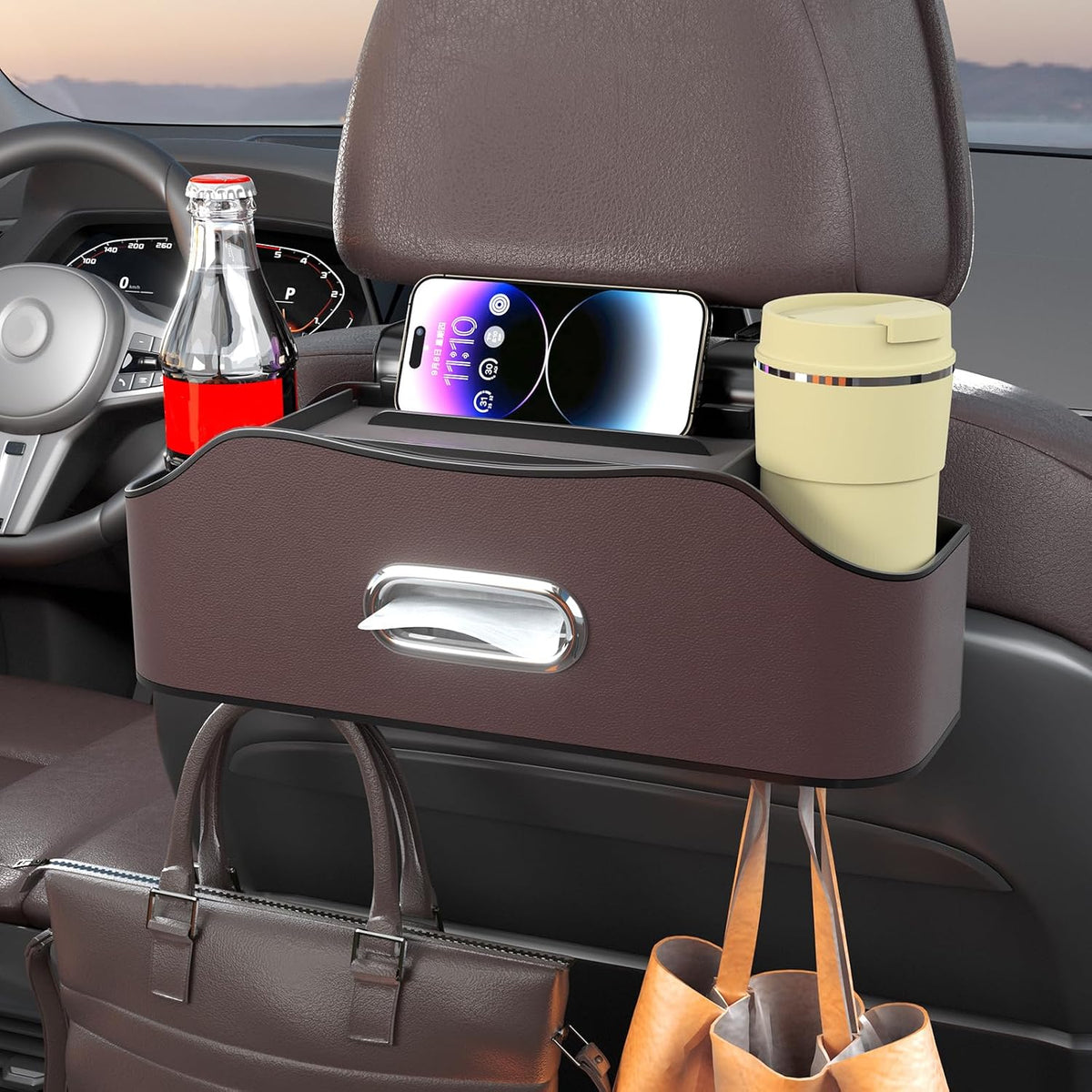 Back Seat Cup Holder for Car – Multifunctional Seat Back Organizer with Drink Holders, Tissue Box Storage & Hooks, Fits Headrest for Auto. (Gray)