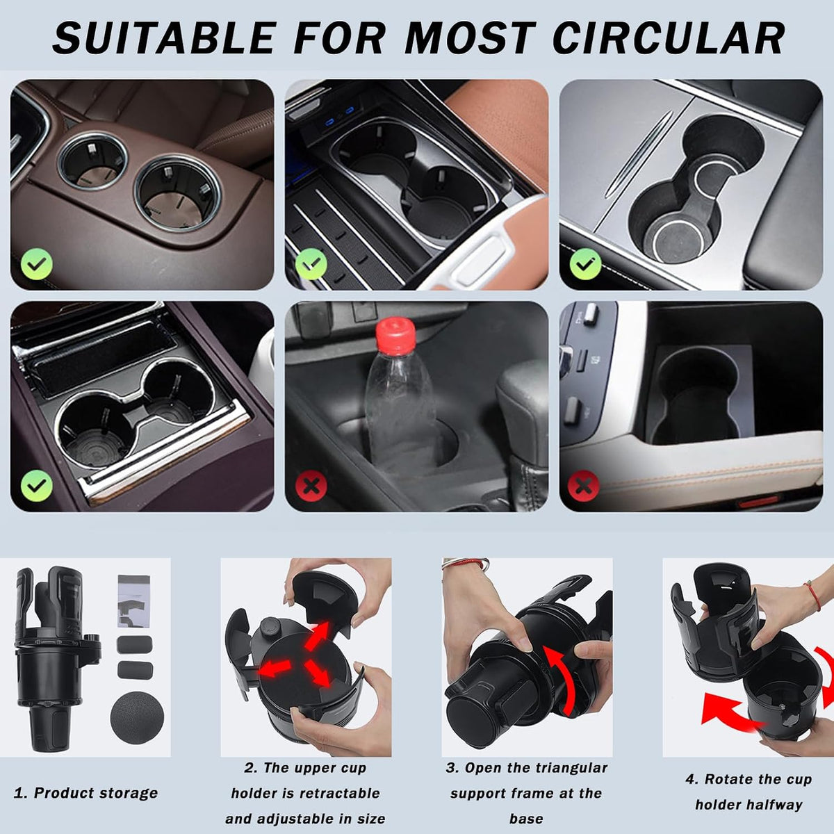 Car Cup Holder Expander for Mazda CX30, Adjustable 2-in-1 Automotive Drink Holder, 360°Rotating Dual Cup Slots Car Water Bottle Holder,S