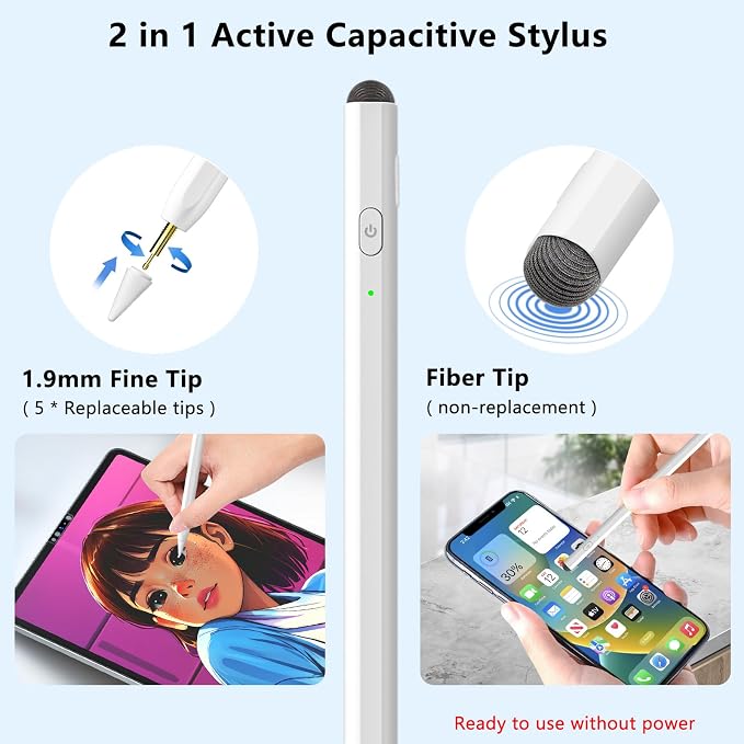 Stylus Pen for iPad, 2 in 1 Active and Capacitive Apple Pen, Fast Charge for