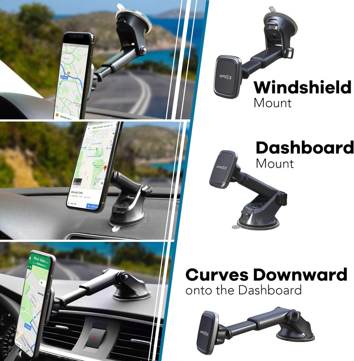 APPS2Car 3-in-1 Car Phone Mount Magnetic Dashboard Windshield Air Vent Mount Phone Holder for Car Universal Car Phone Holder with Powerful Suction Cup Built-in Strong 6 Magnets for All CellPhones