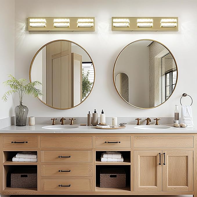 OKELI Crystal Vanity Lights LED Bathroom Vanity Light Fixture Over Mirror Modern Indoor Gold Lamp, 6000K Cold White Dimmable, 3-Lights, 20W, ETL Listed