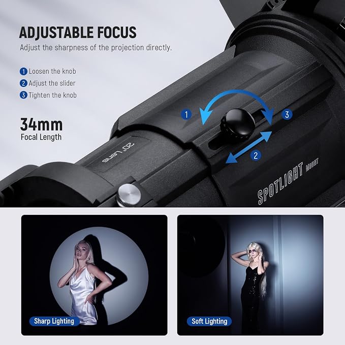 NEEWER Spotlight Snoot with 20° Projection Lens, Adjustable Focus, 16 Metal