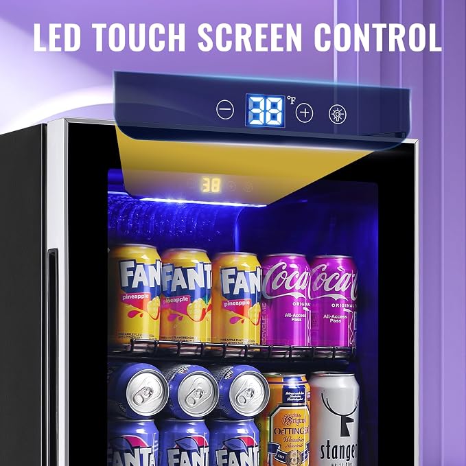 3.5 Cu.ft Beverage Refrigerator & Mini Cooler with LED Touch Panel 125 Can Small Beer Fridge with Glass Door for Wine Soda Juice Clear Front Removable Shelves for Home Office Bar