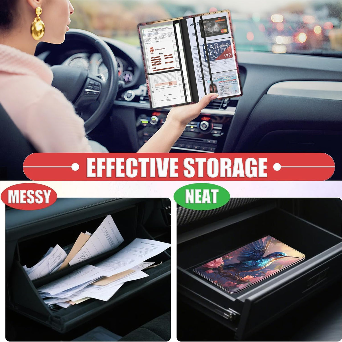 Car Document Holder with Magnetic Shut, Car Registration & Insurance Card Holder, Waterproof PU Leather Glove Box Organizer Vehicle Accessories Driver License for Women/Men, Hummingbird Pattern