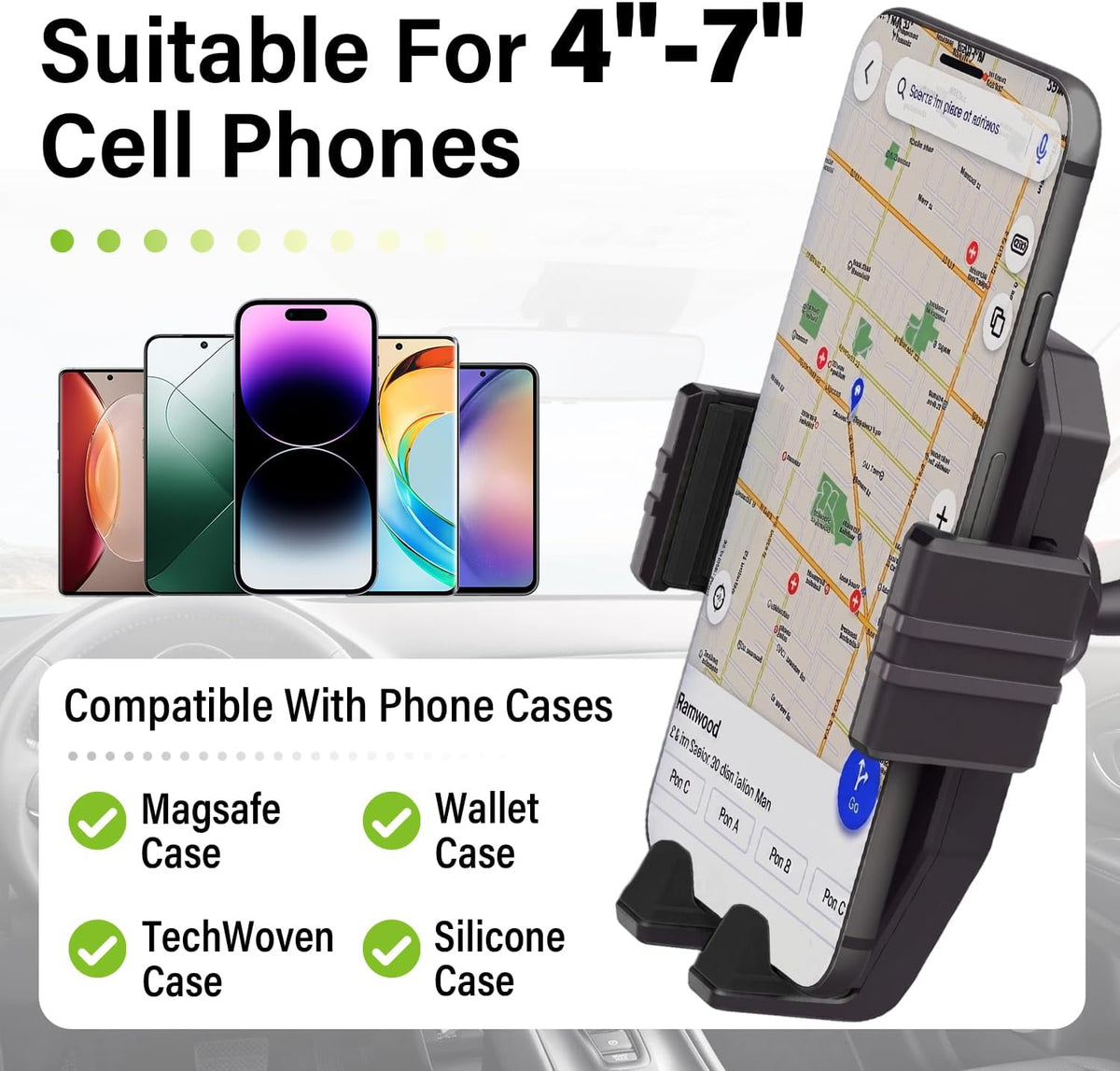 Topsolar Phone Mount for Truck Phone Holder for Truck - Heavy Duty Super Suction Cup, Mobile Device Holder Dashboard Window 16.9 inch Long Arm & Stable, iPhone & Samsung Compatible, Semi Trucker
