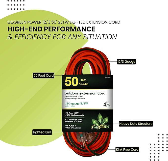 Go Green Power Inc. (G-14050) 12/3 SJTW Outdoor Extension Cord, Lighted End, 50 ft