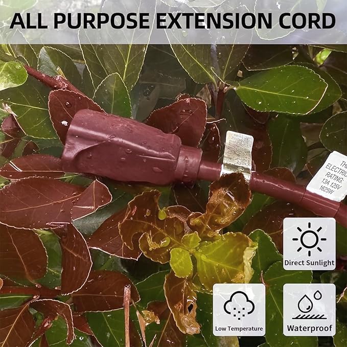 YOJOE Extension Cord, 3 Prong 13A Weatherproof Power Cord, 16 Gauge Heavy Duty 3 ft Brown Extension Cord for Garage, Garden and Home, 16/3 SJTW UL Listed