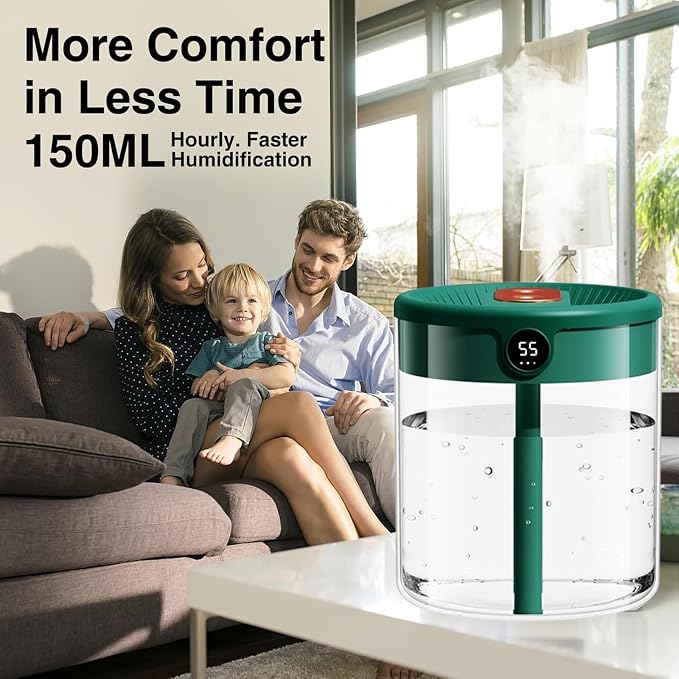 Dreamzy Humidifier for Large Room Cool Mist Bedroom Desktop Double Nozzle Cool Mist Humidifier with Night Light,with 2 Cleaning Brush Top Fill Lasts Up to 24 Hours,Auto Shut-Off,No leakage Design(Gree