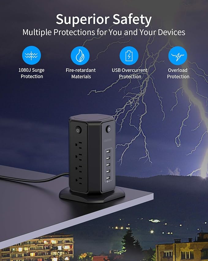 10ft Extension Cord Power Strip Tower, NTONPOWER Flat Plug Surge Protector with 8 Outlets 5 USB Desktop Charging Station, Individual Switches, 1080 Joules, 13A Circuit Breaker for Home Office, Black
