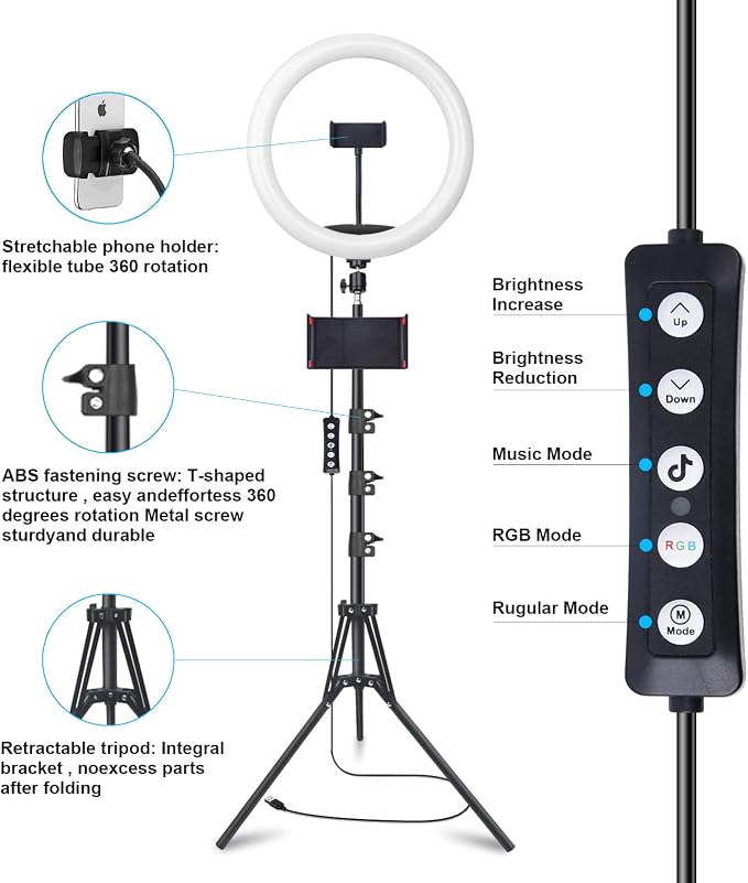 10" Selfie Ring Light with 73" Tripod Stand & 1 Phone Holder, LED Camera