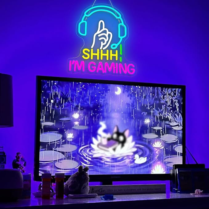 Game Neon Sign Shhh I'm Gaming Light Sign Blue Headset Hand Gesture Design Pink Neon Gaming LED Light USB Powered Dimmable Game Room Wall Decor for Bedroom Man Cave Teen Gamer Gifts