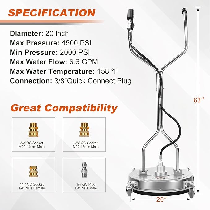 20" Pressure Washer Surface Cleaner, 4500PSI Stainless Steel Surface Cleaner for Pressure Washer with 4 Wheels, Power Washer Surface Cleaner for Concrete, Patio, Sidewalk, Deck and Driveways