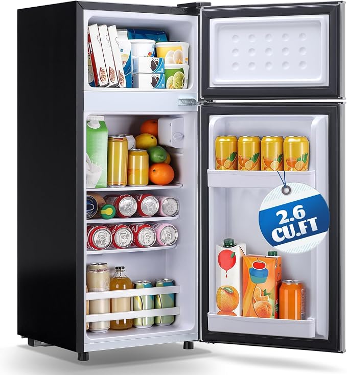 Mini Fridge with Freezer Ample Capacity 2.6 Cubic Feet Small Refrigerator with Top Freezer & 7 Adjustable Temperature 2 Door Small Fridge for Office, Dorm, Bedroom Silver