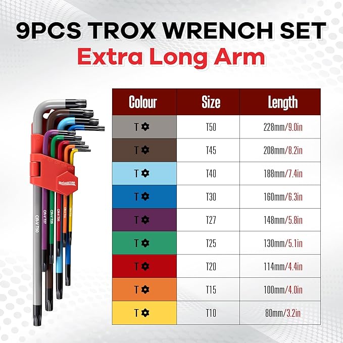 Meiwaltee 9PCS Torx Star Allen Wrench Set, Extra Long Arm Star Key Set T10 - T50, Cr-V Steel, Color-Coded Anti-Slip Wrenches For Bike Repair, Furniture Assembly, Motorcycle Maintenance, DIY Project.
