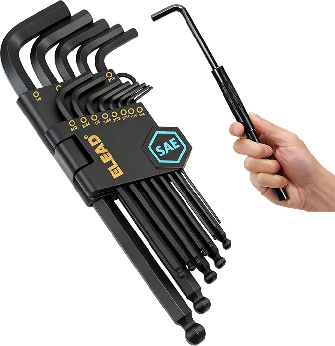 ELEAD 15-Piece SAE Hex Key Allen Wrench Set with Extension Bar, 3/64-3/8 Inch, Long Arm Ball End Design, Heat-Treated S2 Steel