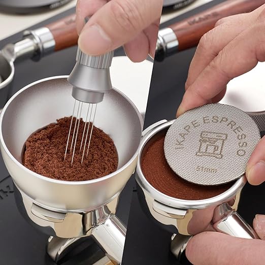 IKAPE Dosing Funnel Set Silver, 51MM Espresso Dosing Ring & Puck Screen Kit Compatible with 51 mm Bottomless Portafilter