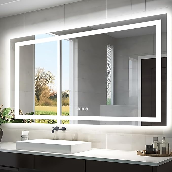 55"x30" LED Bathroom Mirrors for Wall, Front and Backlit Mirror, Anti-Fog Vanity Mirror with Lights, Stepless 3 Colors Dimmable Lighted Mirror(Horizontal/Vertical)
