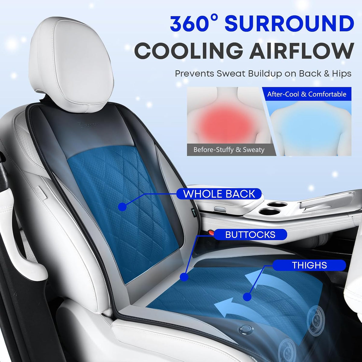 [2026 Upgrade] Cooling Car Seat Cover Ventilated Seat Cushion Summer Driving 12V-24V Ventilated Car Seat Cushion with 2 Powerful Turbo Fans with 3-Speed Adjustable Universal Fit Most Car-Slight Grey