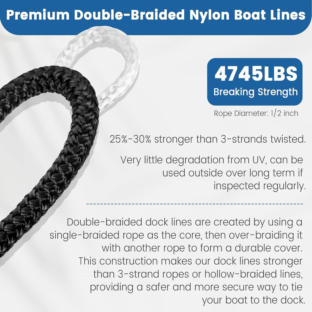 Premium Marine-Grade Dock Lines - Heavy-Duty 3/8" x 15' Double Braided Nylon Ropes | 4 Pack with 12" Security Loops