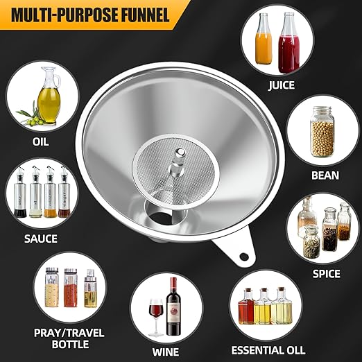 Serinar 3-Piece Stainless Steel Kitchen Funnel Set for Kitchen Bottle Filling, 2 Funnel Sizes and 1 Strainer for Oils, Liquids, Fluids, Dry Ingredients and Powders, Durable, Washable