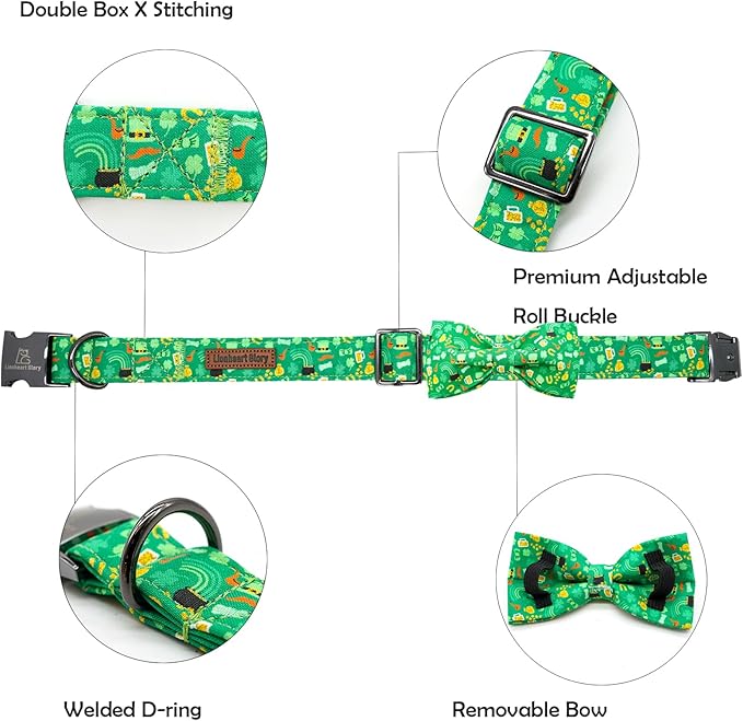 Lionheart glory Dog Bow Collar St. Patrick's Day Dog Collar for Small Dogs, Adjustable Green Collars Lucky Clover Shamrock Dog Collar with Bowtie Pet Collar Bows