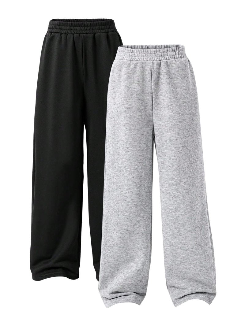 RoseSeek Girl's Baggy Sweatpants Elastic Waist Wide Leg Pants Joggers Track Sweat Pants Trouser 2 Pack Black Grey 12Y