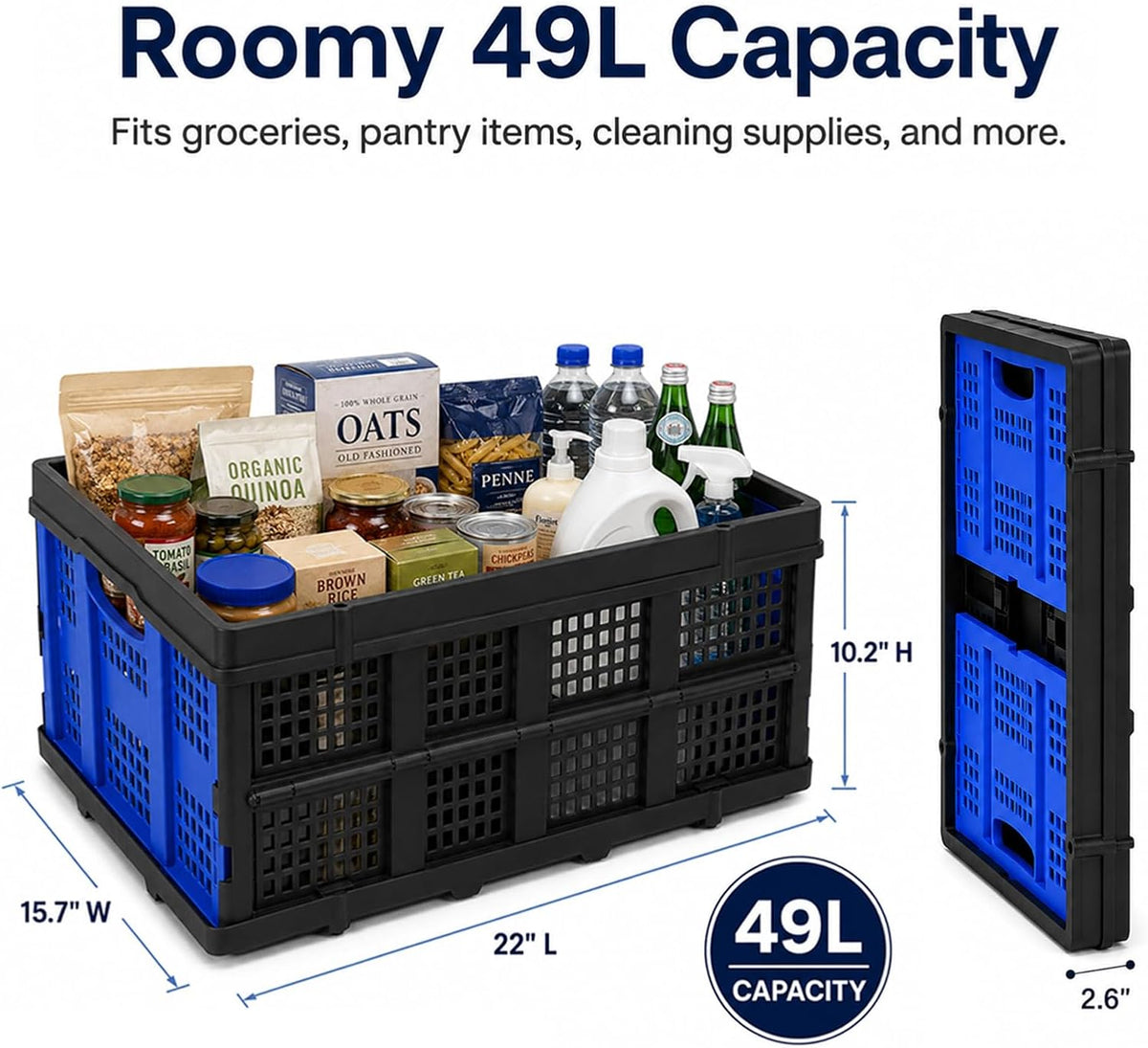 49L Collapsible Storage Crate, Stackable, Blue, 1 Pack